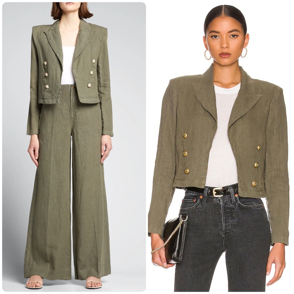 New! Lagence Dolly Cropped Linen Olive Green Double-Breasted Blazer Jacket 💚 XL